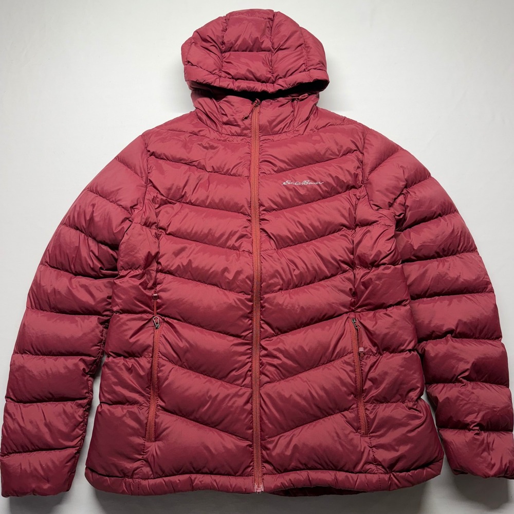 Eddie Bauer EB650 Down Puffer Jacket L Red Women Hooded Packable Winter Coat